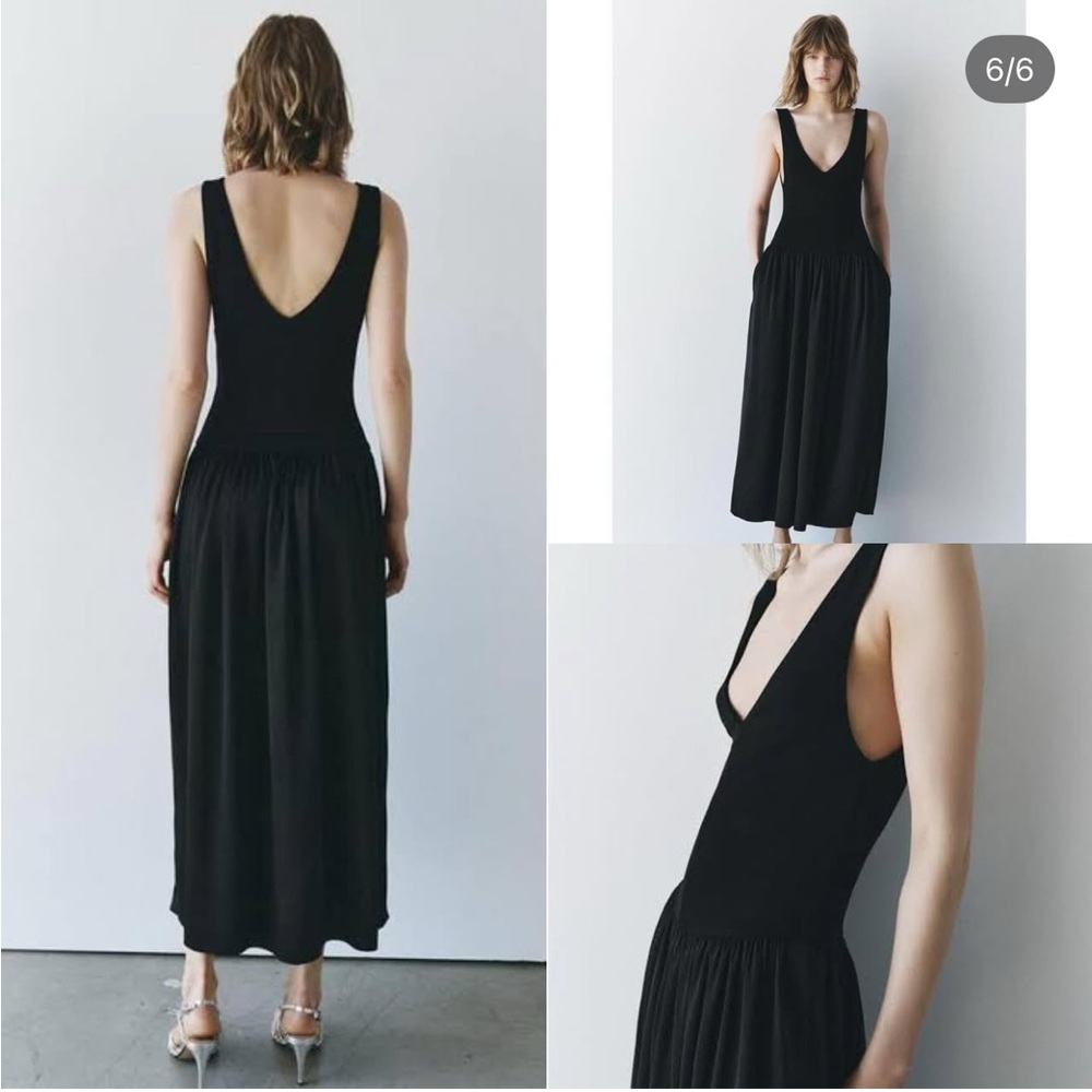 Zara Black Contrast Midi Dress V-neck Dropped waist Tonal fabric size S NWT - Picture 2 of 16